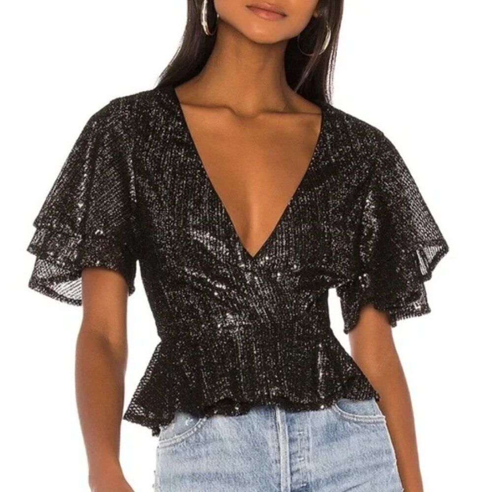 House of Harlow x Revolve Black & Gold Sequin Suri Wrap Top - Women's M